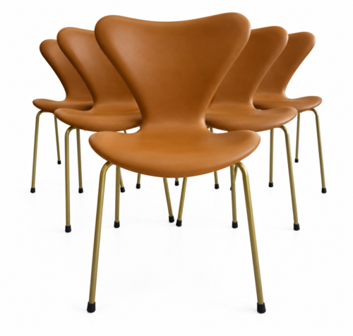 6 stk. Syverstole 3107 Serie 7, Fuldpolstret i Cognac Soft Semi-Anilin – Designet af Arne Jacobsen