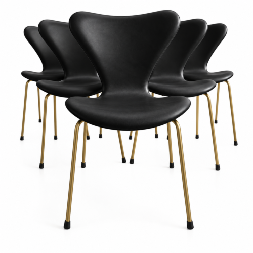 6. stk Arne Jacobsen 3107 Syverstole – Nypolstrede i Sort Soft Semi Anilin | - guld/messing stel - Fritz Hansen