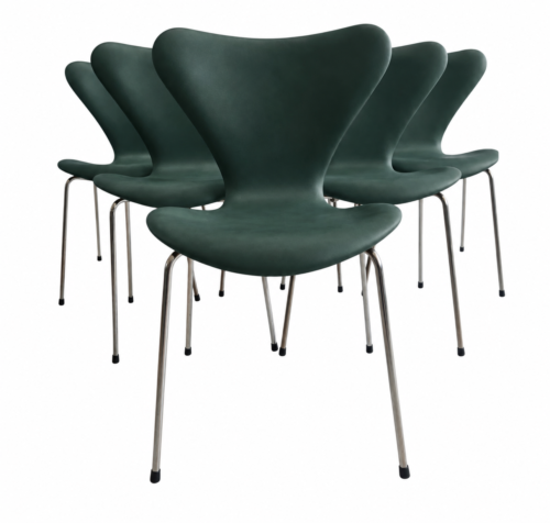 6 stk. Syverstole 3107 – Nypolstret i Pure Anilin Grøn | Arne Jacobsen & Fritz Hansen